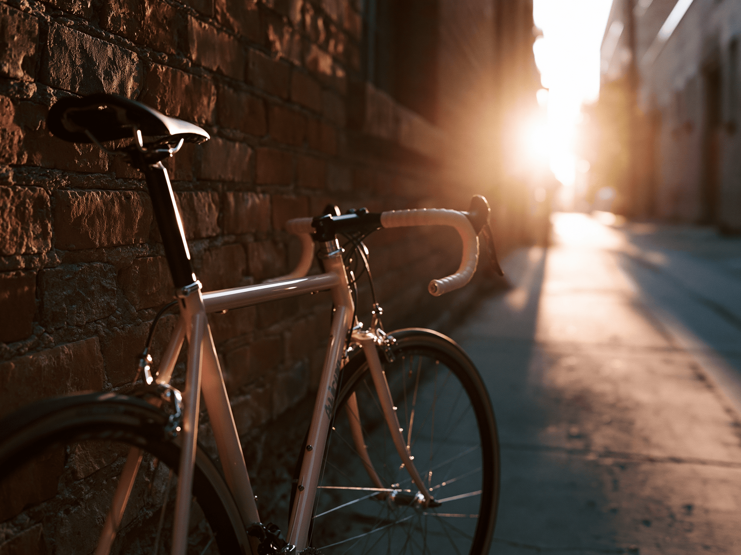 A pink steel road bike leaning against a brick alley wall, sun flare bursting through behind it.