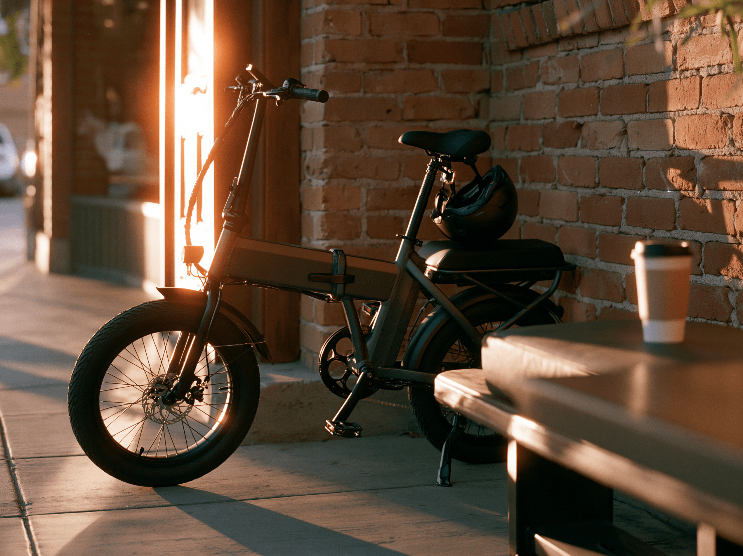 A folding e-bike with a helmet on the saddle parked beside a brick coffee-shop wall, warm sunset light.