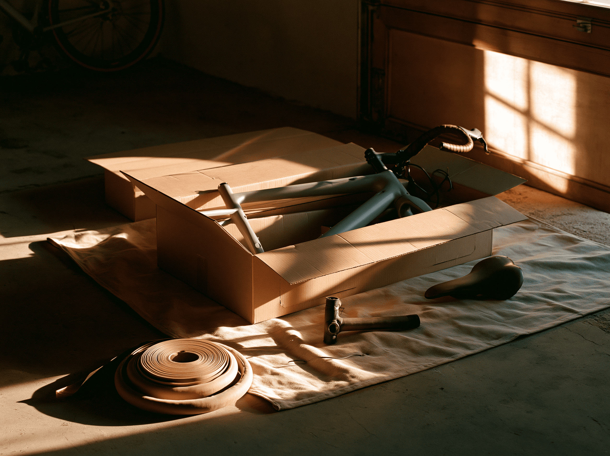 A partly-assembled bike in an open shipping box on the shop floor, bar tape and a saddle laid out beside it, slanted window light.