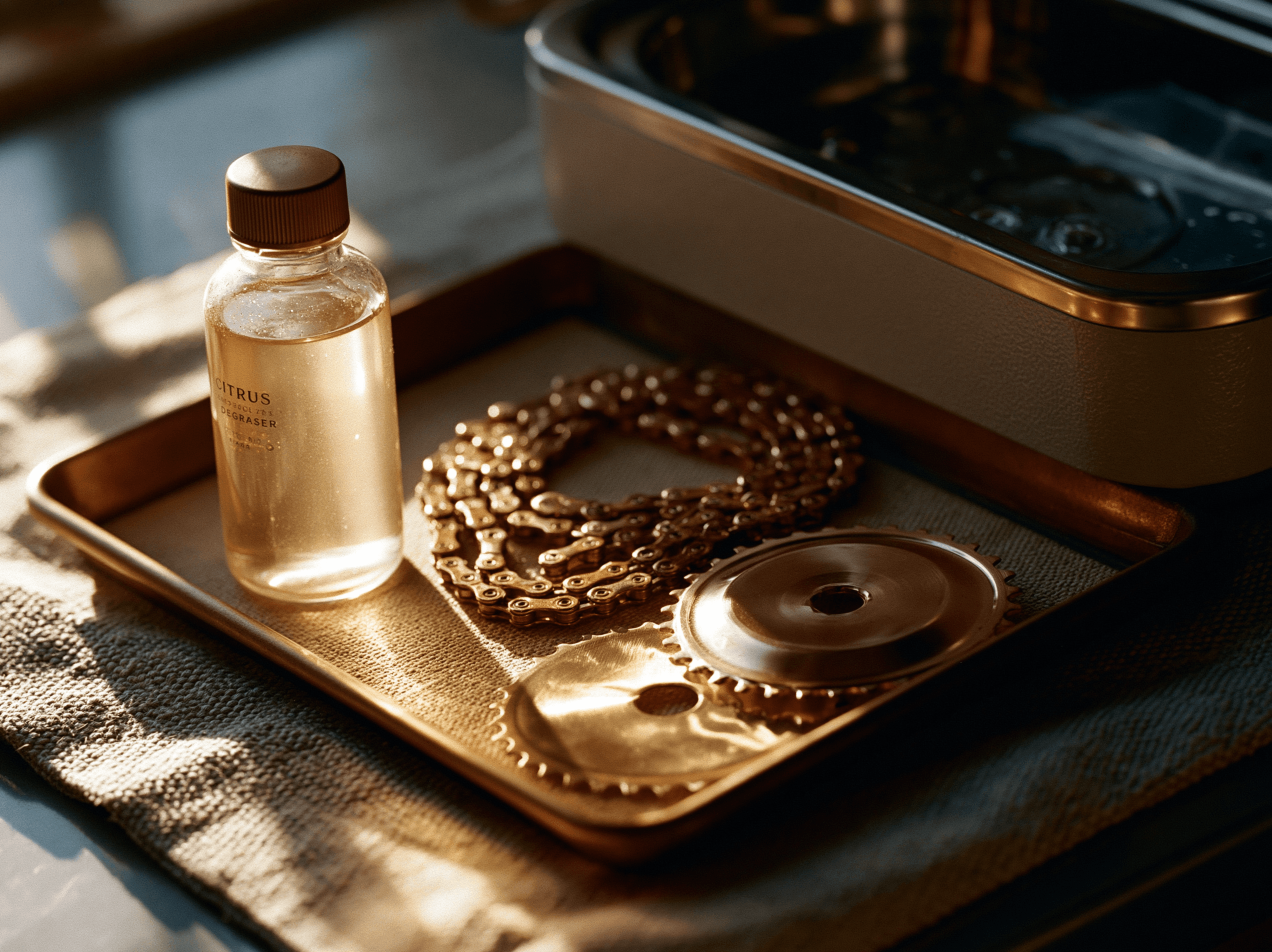 A bicycle chain, chainring, rotor, and a small bottle of degreaser arranged on a brass tray beside an open ultrasonic cleaner.