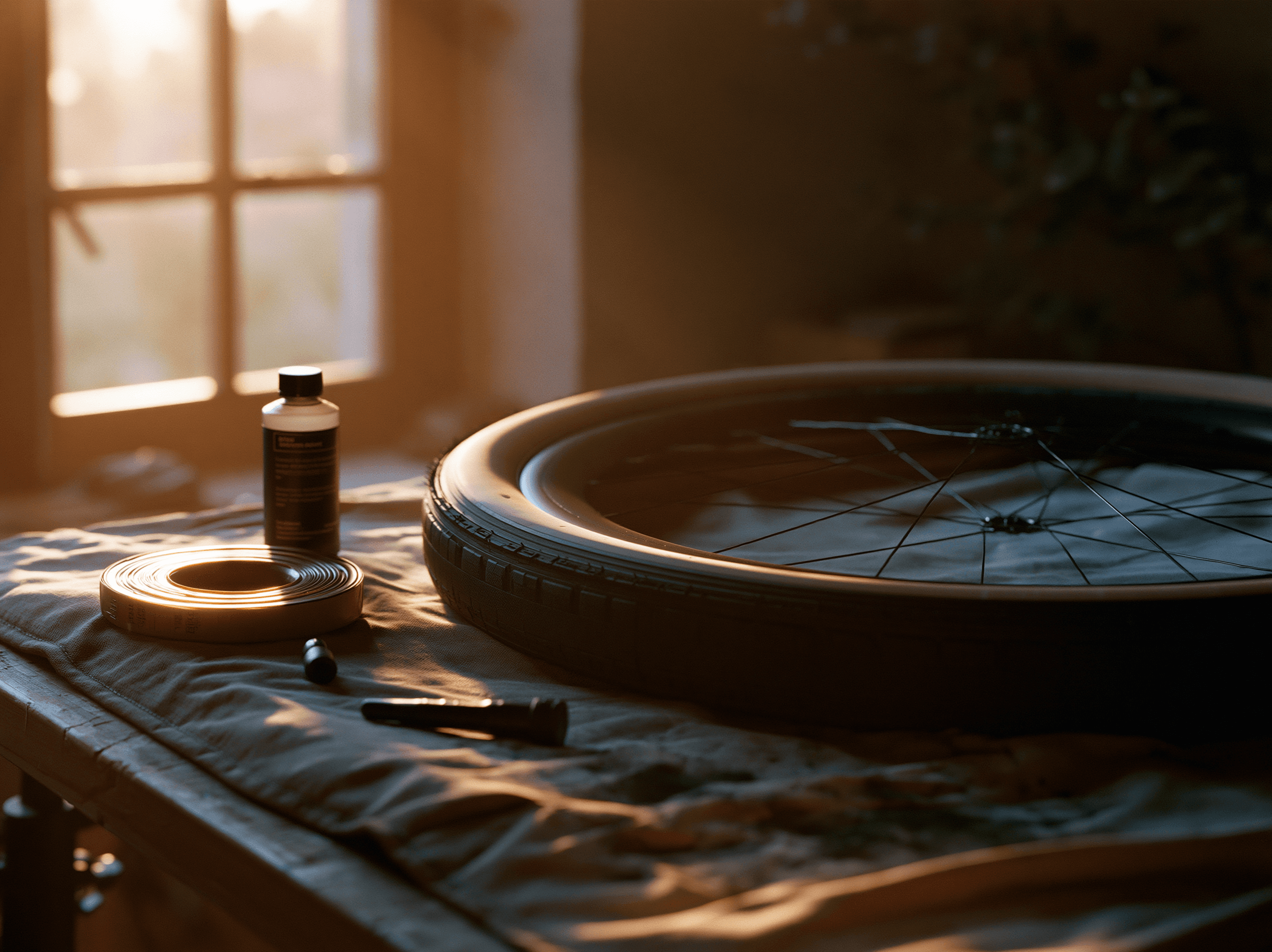 A wheel laid flat on a workbench beside a bottle of tubeless sealant, a roll of rim tape, and a valve core remover, warm window light.
