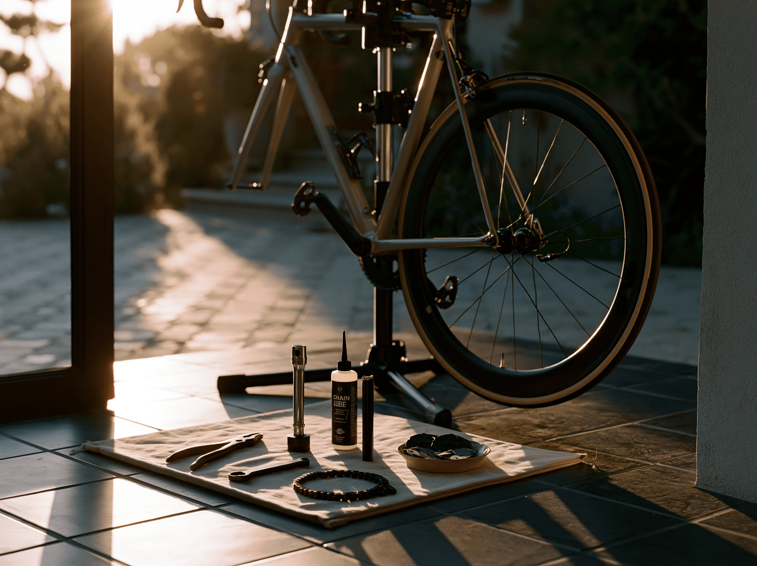 A road bike in a workstand at golden hour, chain, lube, and tools laid out on a canvas mat below.